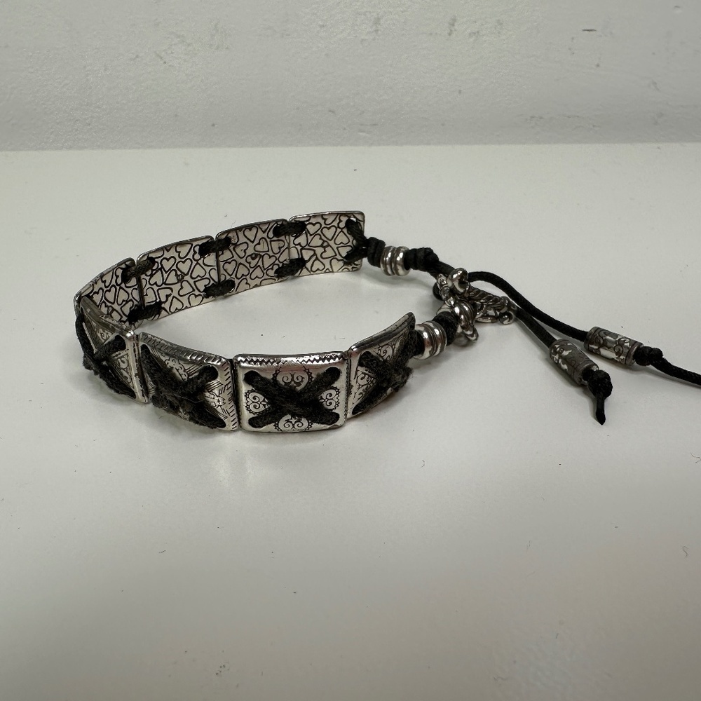 Silver Plated BRIGHTON Panel Link & Black Cord Toggle 7" Bracelet
